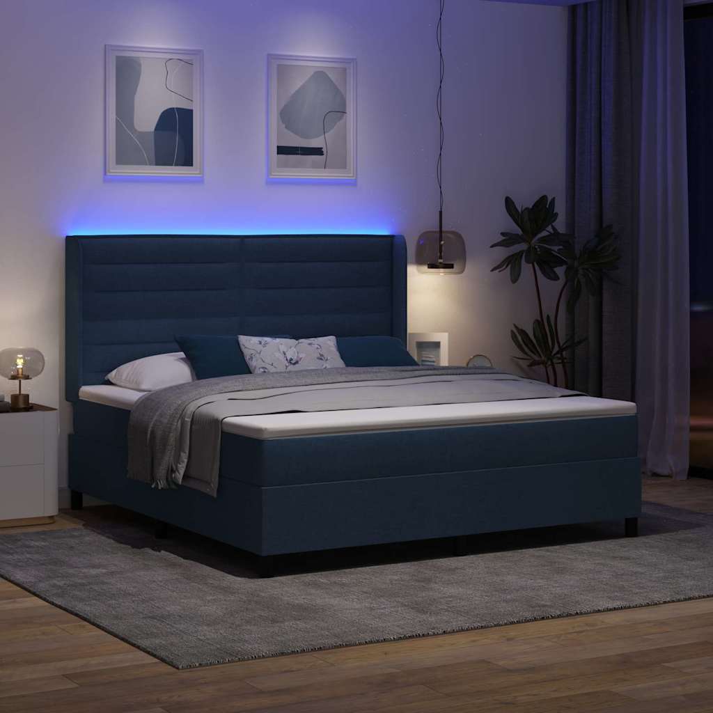 LED Box Spring Krevet s madracem Plava 180 x 200 cm tkanina