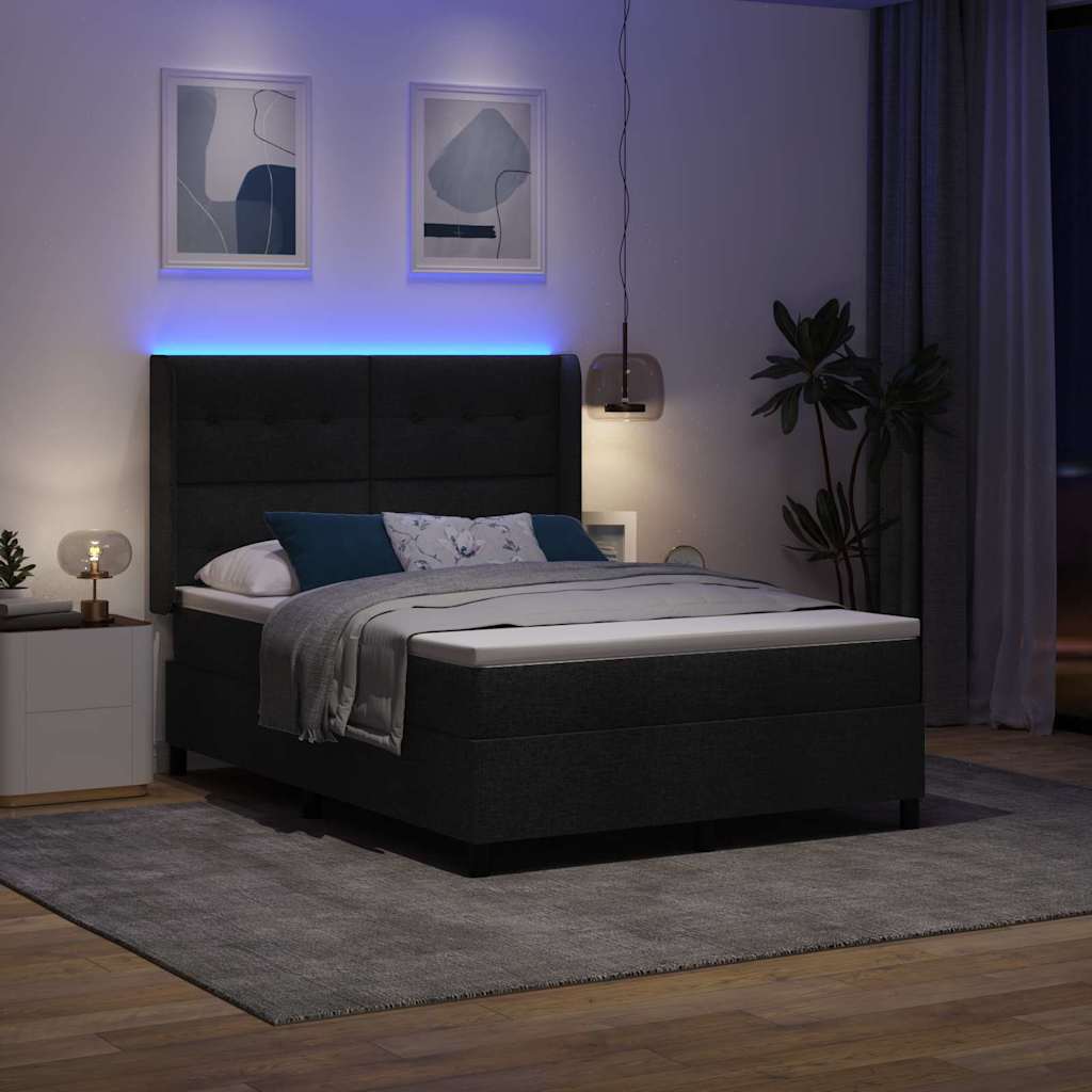 LED Box Spring Krevet s madracem Crna 140 x 200 cm tkanina