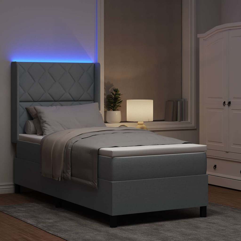 LED Box Spring Krevet Svijetlo siva 90 x 200 cm tkanina