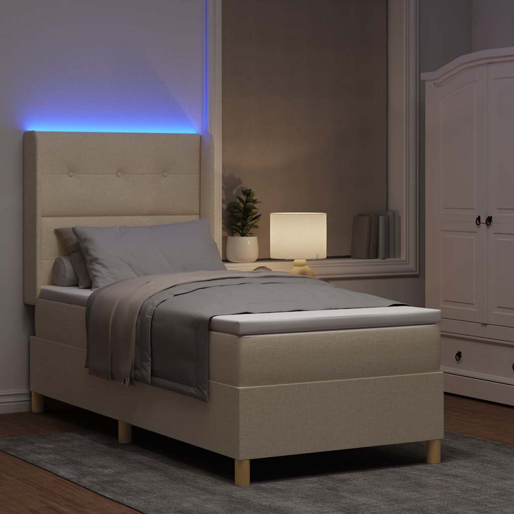 Krevet s opruga kutije s LED trakama Krema 90 x 200 cm tkanina