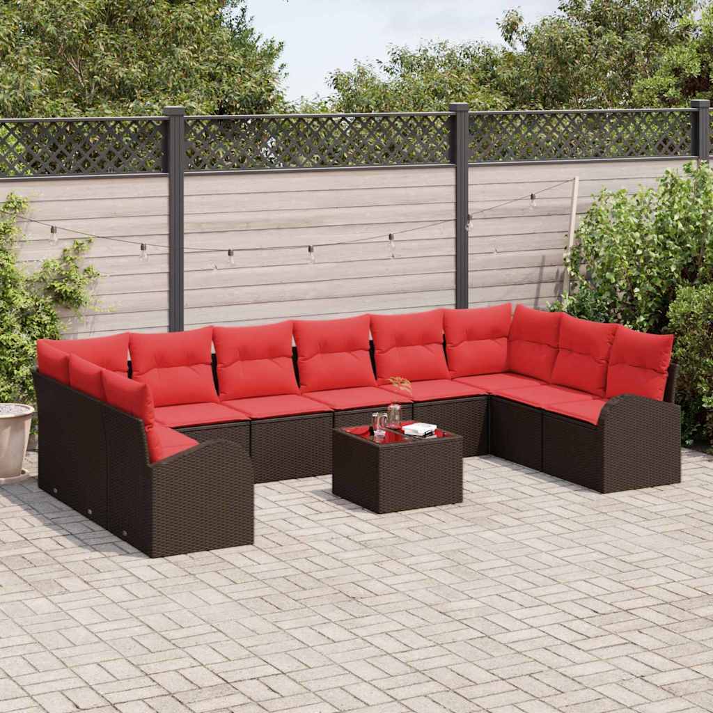 Sjedeća garnitura za vrt 11 kom. Smeđa i crvena poliratan 334 x 179 x 85 cm