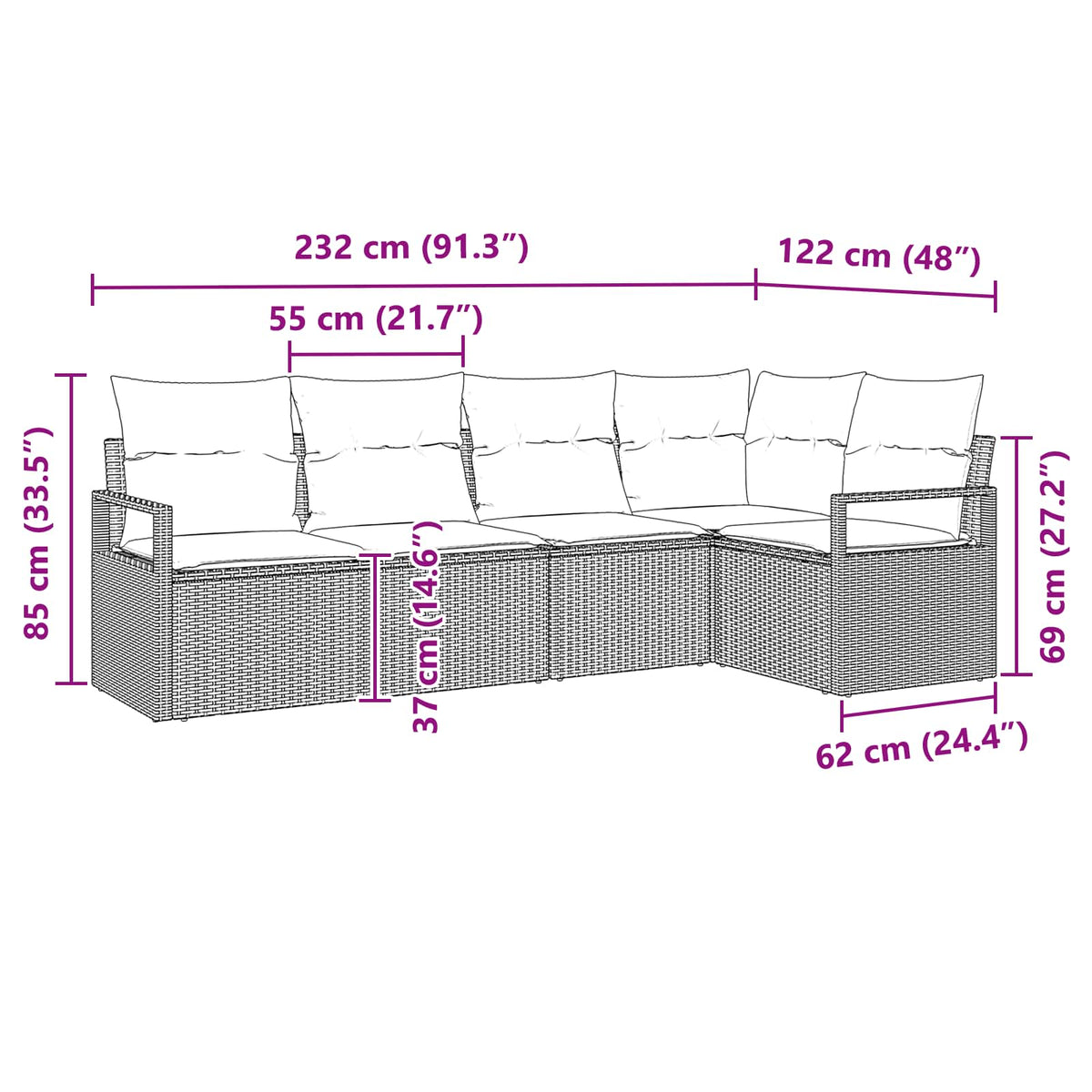 Sjedeća garnitura za vrt 5 kom. Smeđa i crvena poliratan 232 x 122 x 85 cm