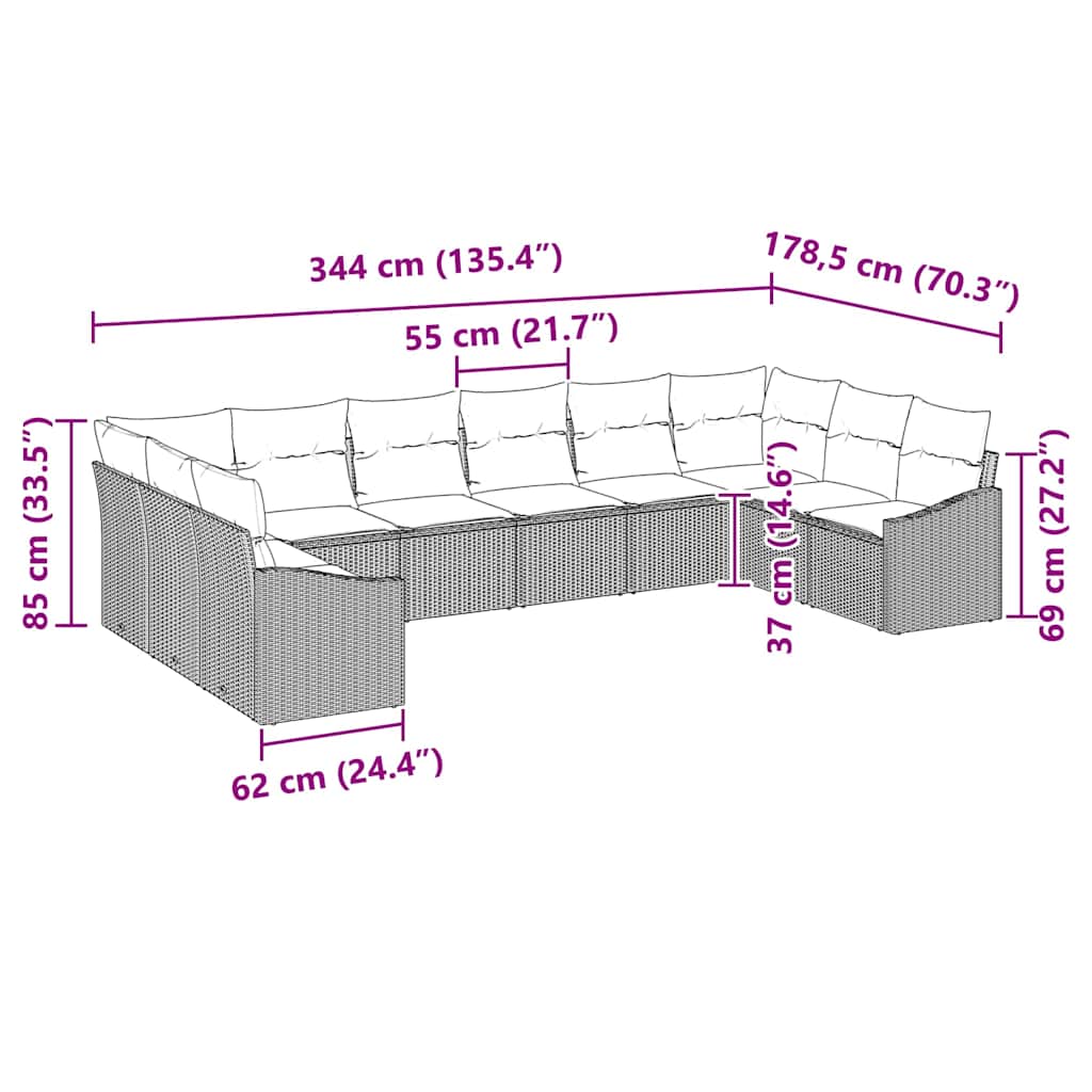 Sjedeća garnitura za vrt 10 kom. Svijetlo siva poliratan Svjetlosiva 344 x 178,5 x 69 cm
