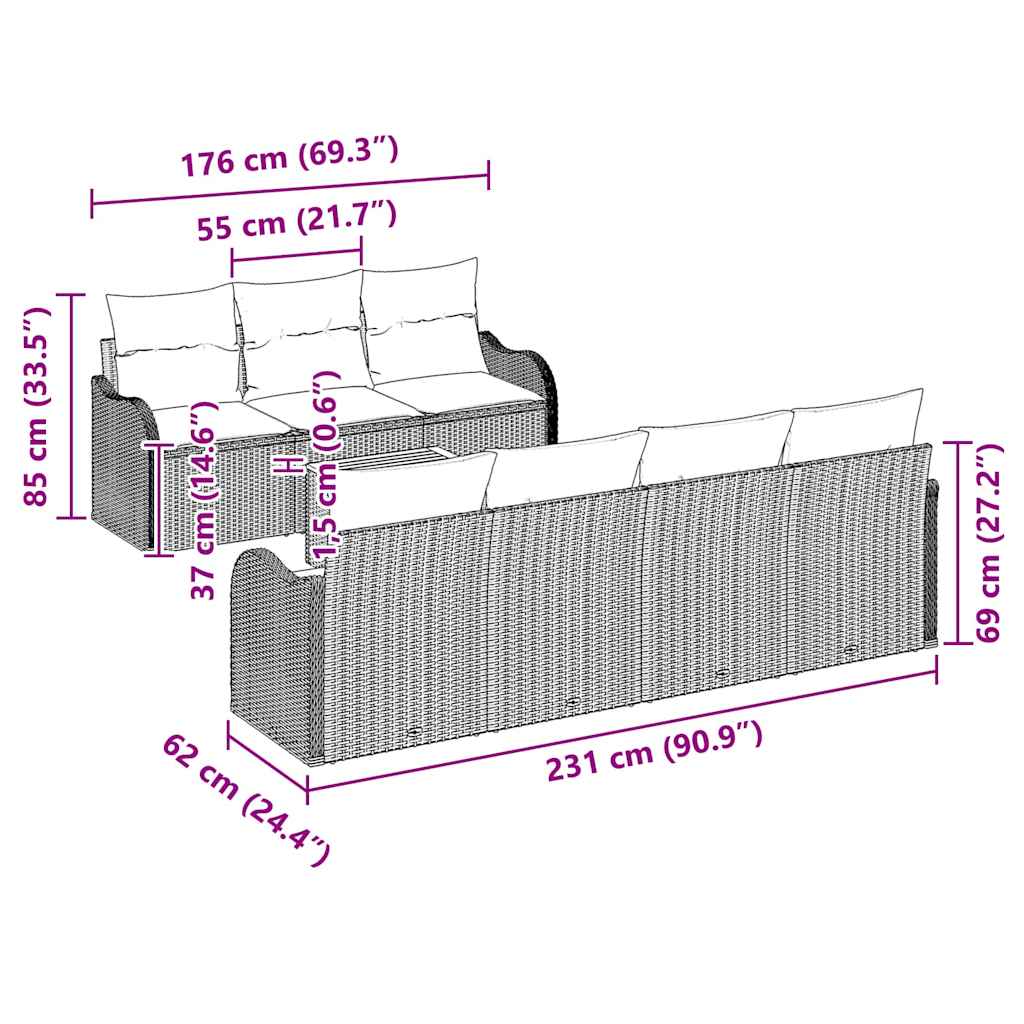 Sjedeća garnitura za vrt 8 kom. Siva poliratan 231 x 62 x 69 cm