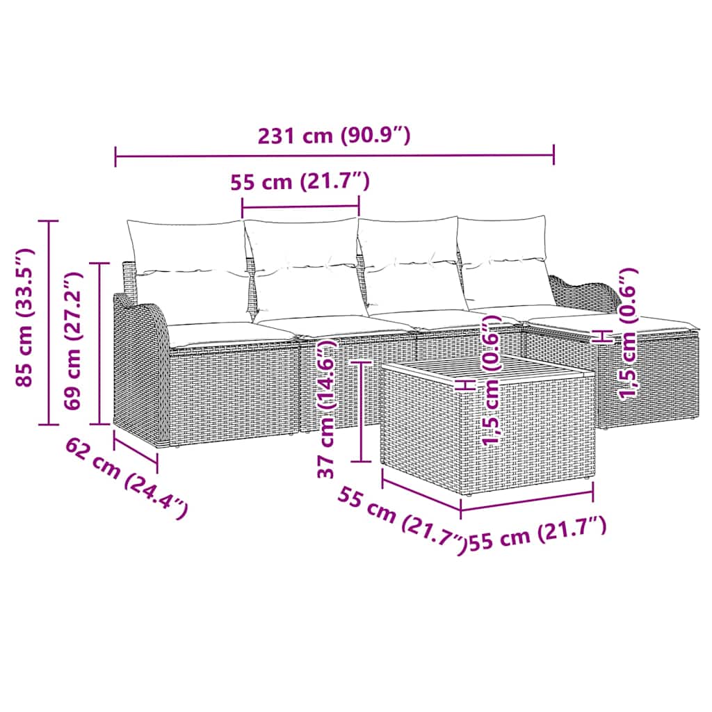 Sjedeća garnitura za vrt 6 kom. Crna poliratan 231 x 62 x 69 cm
