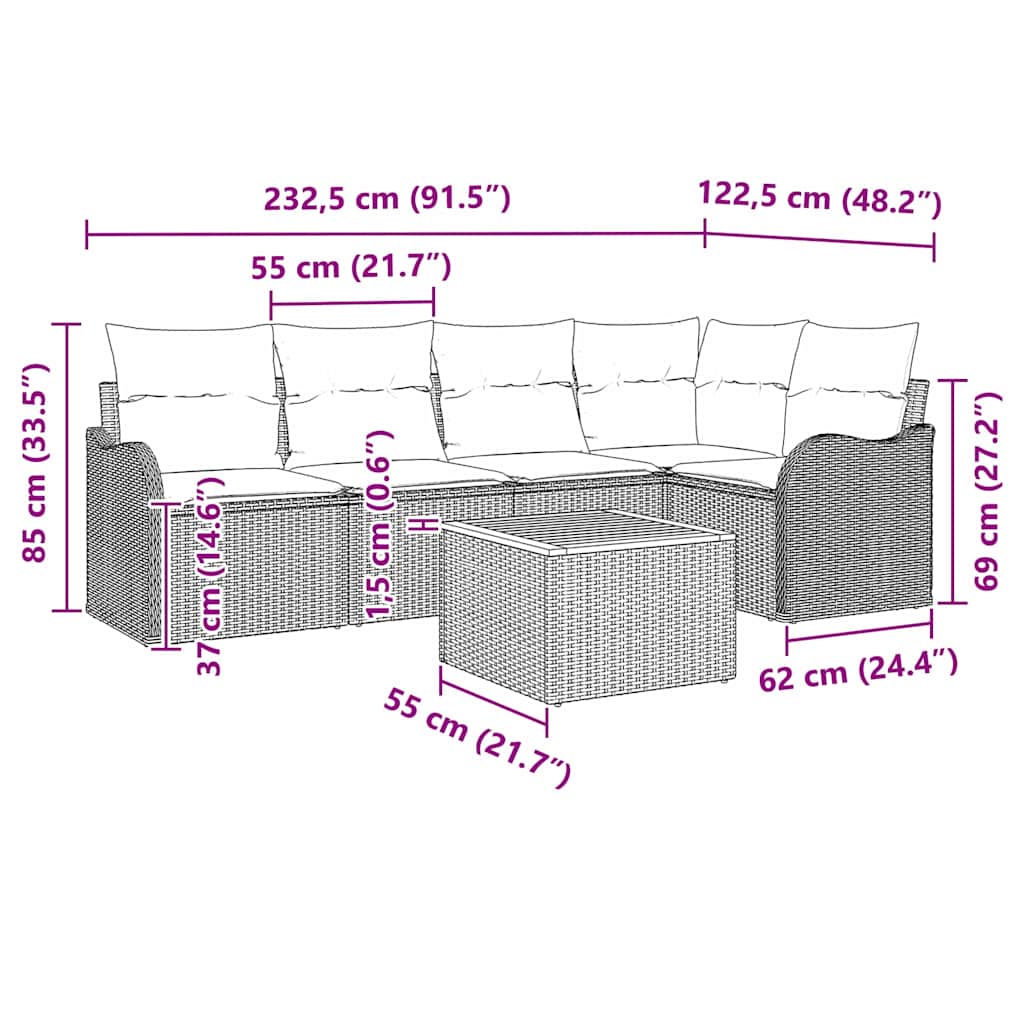 Sjedeća garnitura za vrt 6 kom. Bež i svijetlo siva poliratan 232,5 x 122,5 x 69 cm
