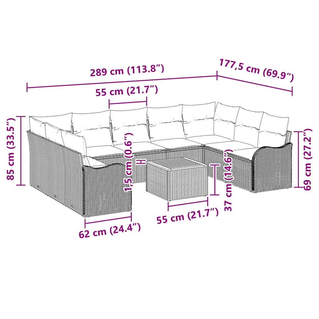 Sjedeća garnitura za vrt 10 kom. Bež i svijetlo siva poliratan 289 x 177,5 x 69 cm