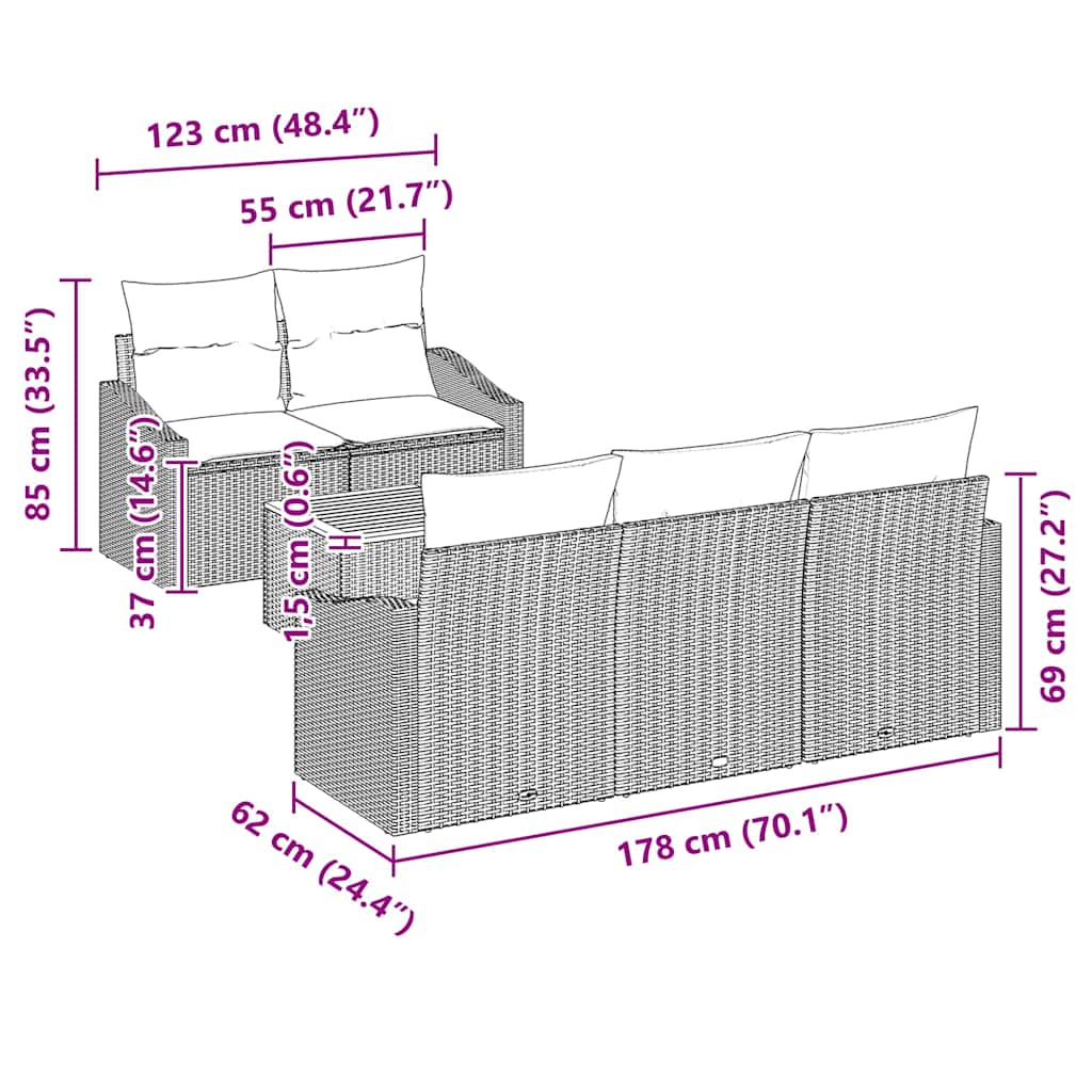 Sjedeća garnitura za vrt 6 kom. Siva poliratan 123 x 62 x 69 cm