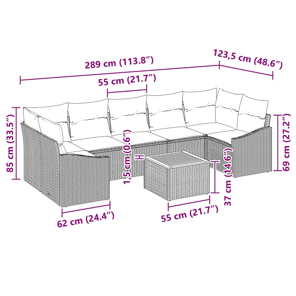 Sjedeća garnitura za vrt 8 kom. Bež i svijetlo siva poliratan 289 x 123,5 x 69 cm