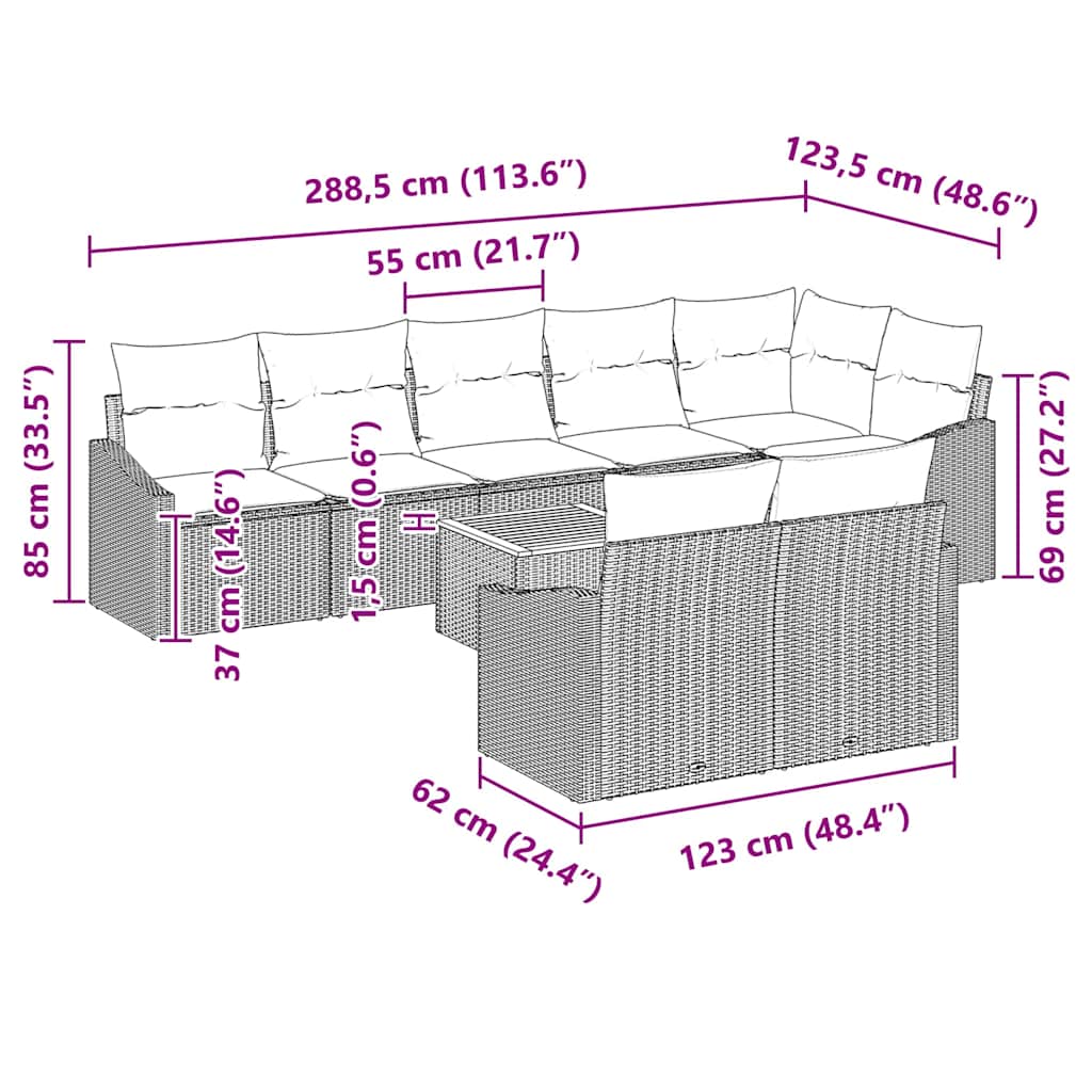 Sjedeća garnitura za vrt 9 kom. Bež i svijetlo siva poliratan 288,5 x 123,5 x 69 cm