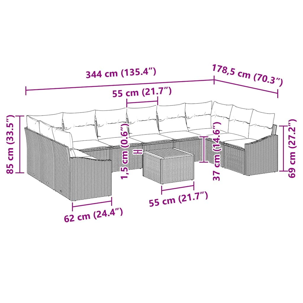 Sjedeća garnitura za vrt 11 kom. Crna poliratan 344 x 178,5 x 69 cm
