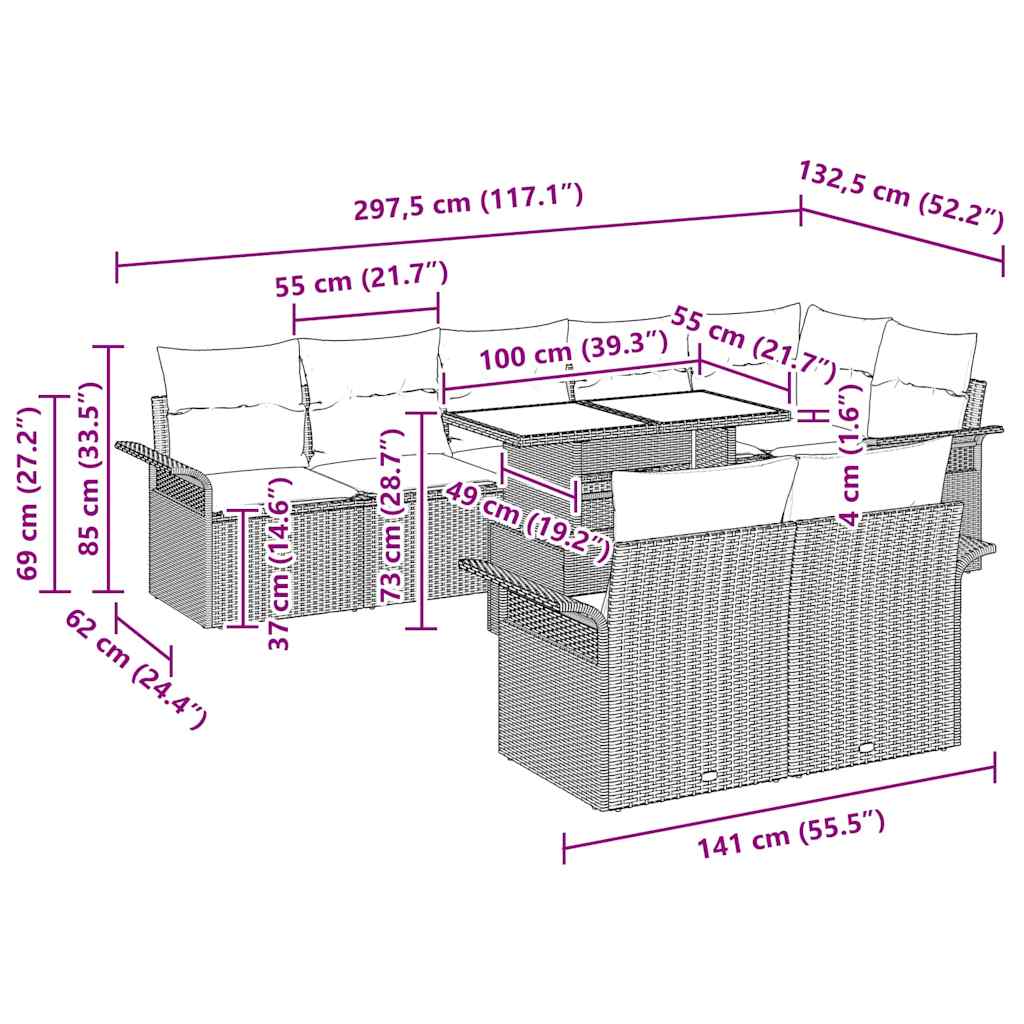 Sjedeća garnitura za vrt 9 kom. Siva [Sintetički]: Poli Ratan 297,5 x 132,5 x 85 cm