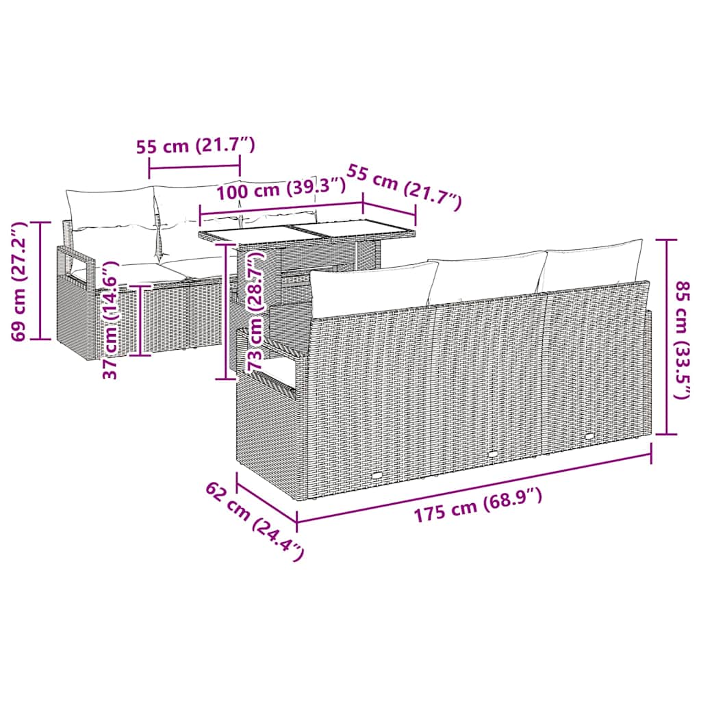 Sjedeća garnitura za vrt 7 pcs Svijetlo siva Poli ratan