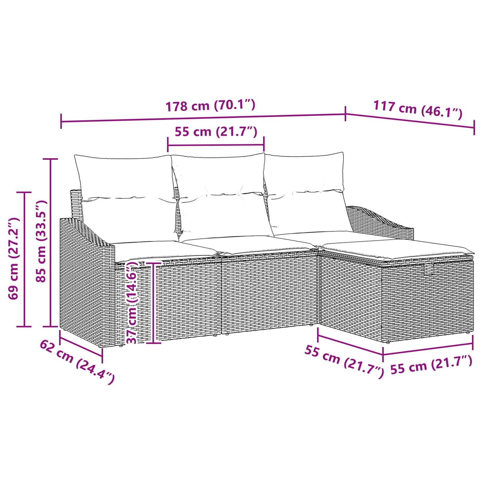 Set sofe s jastukom s pohranom 4 pcs Crna Poli ratan