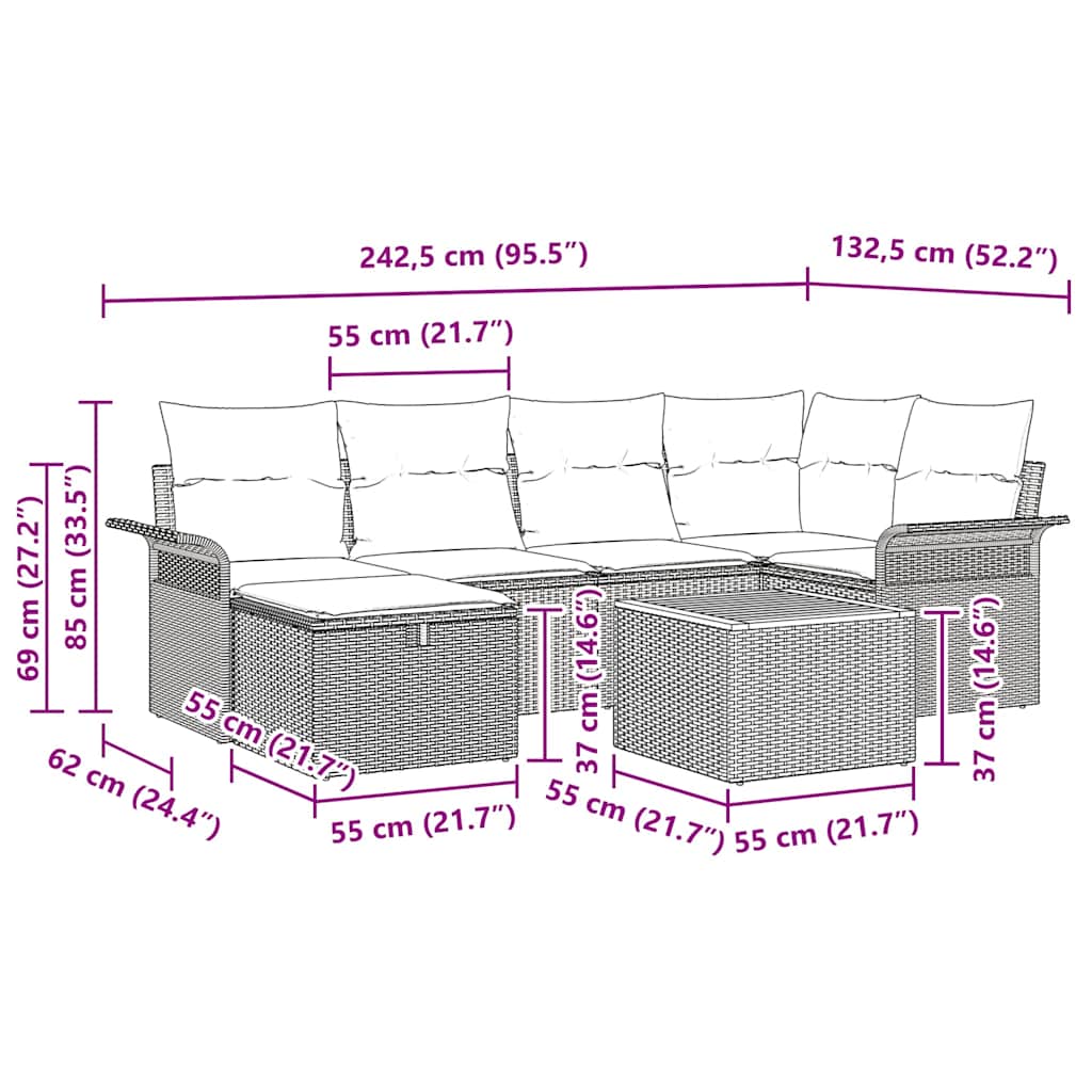 Sjedeća garnitura za vrt 7 kom. Bež poliratan 242,5 x 132,5 x 85 cm