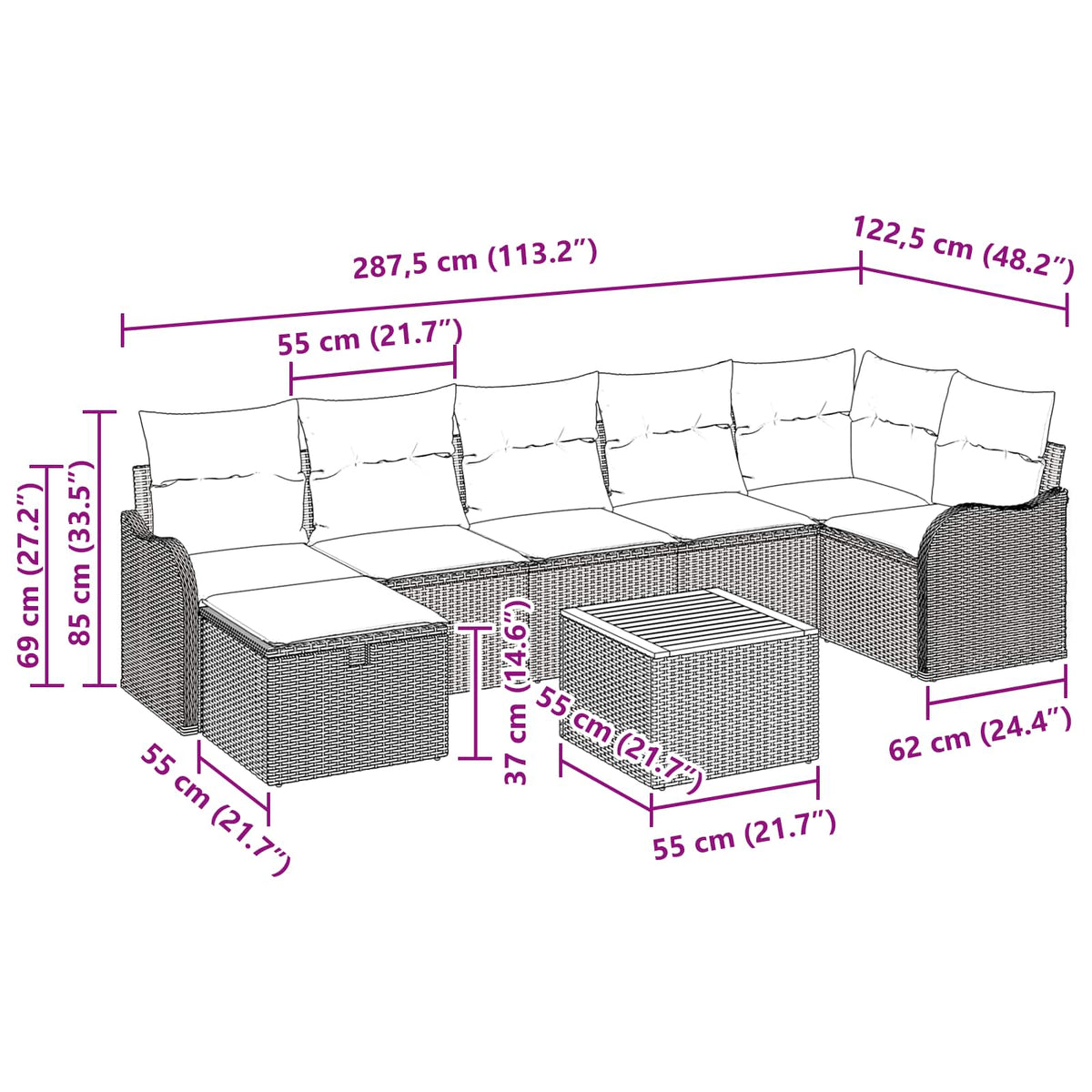 Sjedeća garnitura za vrt 8 kom. Siva poliratan 287,5 x 122,5 x 85 cm