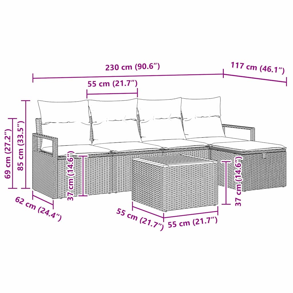Sjedeća garnitura za vrt 6 kom. Bež poliratan 230 x 117 x 85 cm