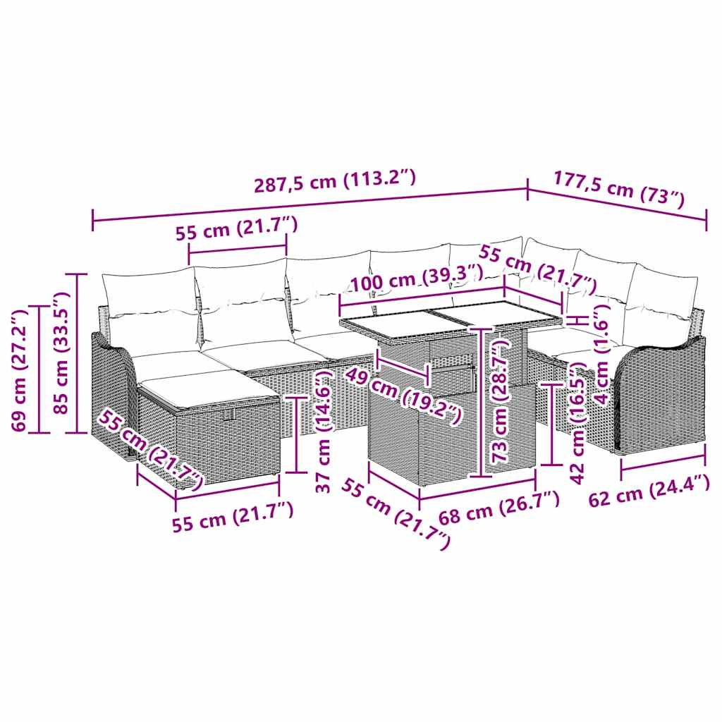 Sjedeća garnitura za vrt 9 kom. Crna poliratan 287,5 x 122,5 x 85 cm