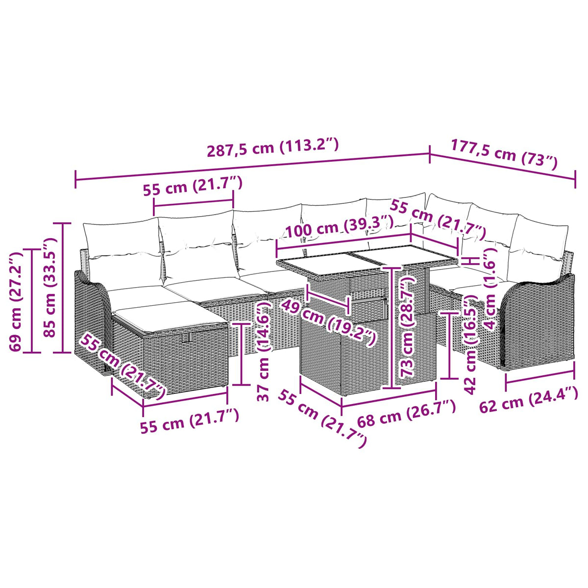 Sjedeća garnitura za vrt 9 kom. Siva poliratan 287.5 x 177.5 x 85 cm