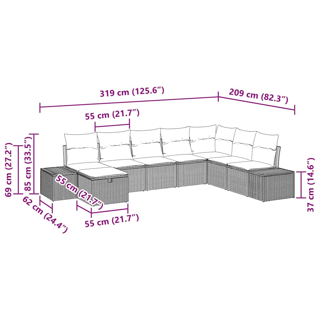 Sjedeća garnitura za vrt 8 pcs Bež 55 x 62 x 69 cm Poli ratan