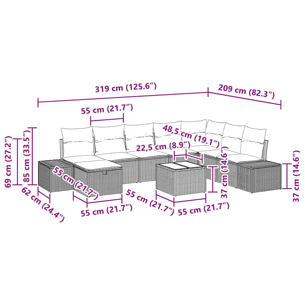 Sjedeća garnitura za vrt 9 pcs Bež 55 x 62 x 69 cm Poli ratan