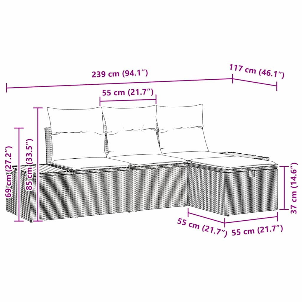 Sjedeća garnitura za vrt 4 kom. Siva poliratan 55 x 62 x 69 cm