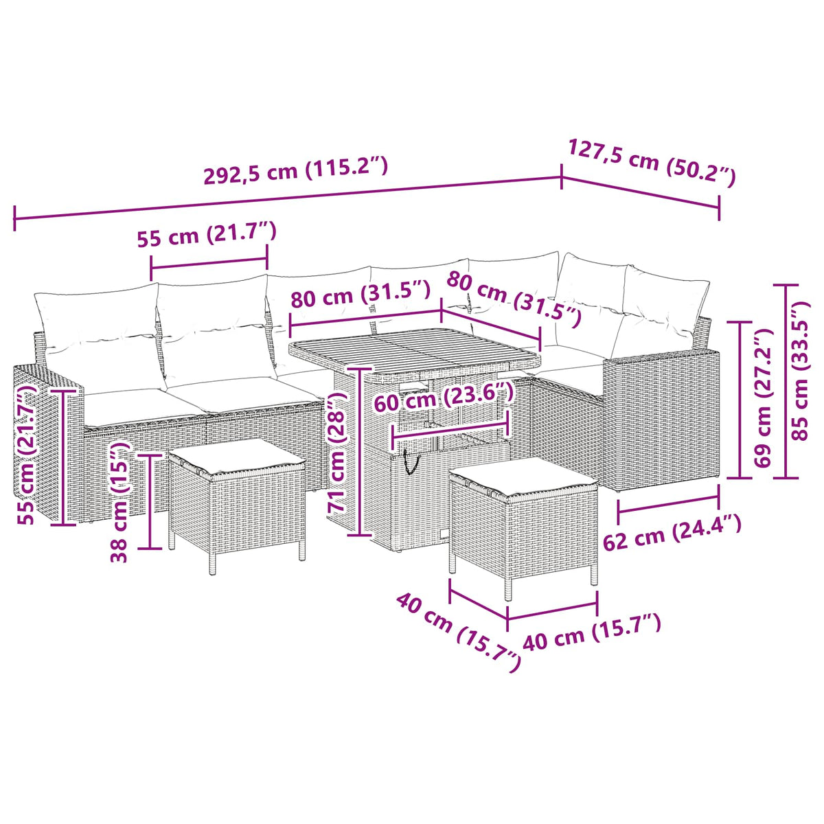 Sjedeća garnitura za vrt 9 kom. Crna poliratan 80 x 80 x 71 cm