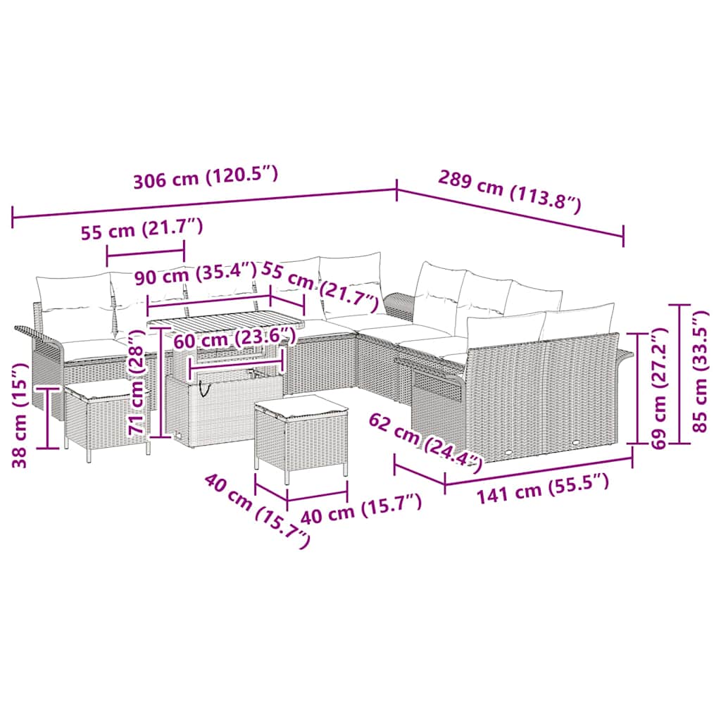 Sjedeća garnitura za vrt s jastukom 13 pcs Siva poliratan