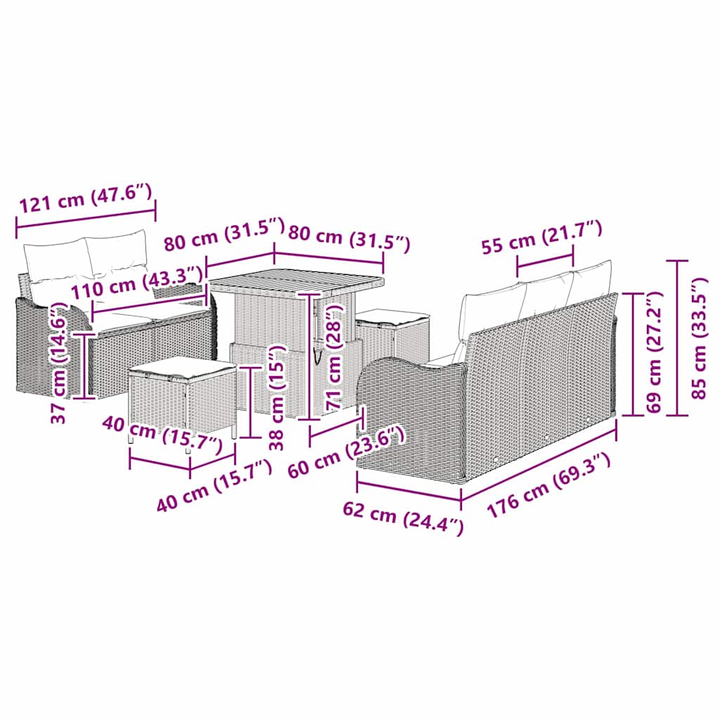 Sjedeća garnitura za vrt 8 kom. Crna poliratan 176 x 62 x 85 cm