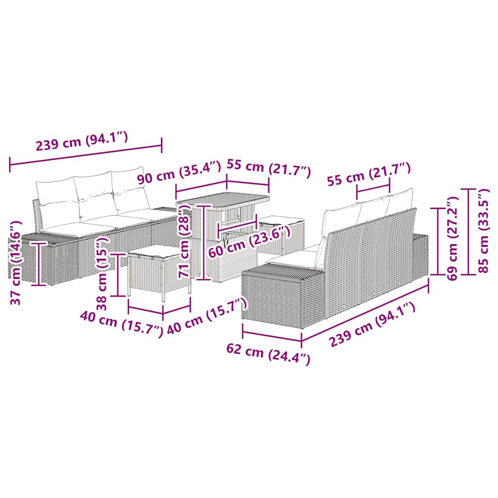 Sjedeća garnitura za vrt 9 kom. Crna poliratan 239 x 62 x 85 cm