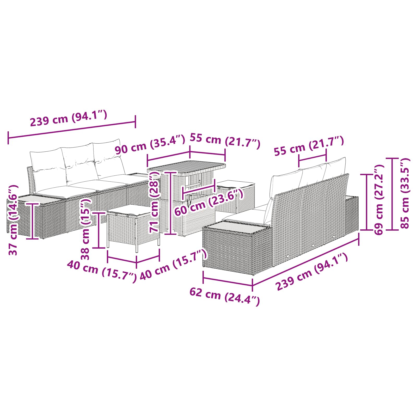 Sjedeća garnitura za vrt s jastukom 9 pcs Siva