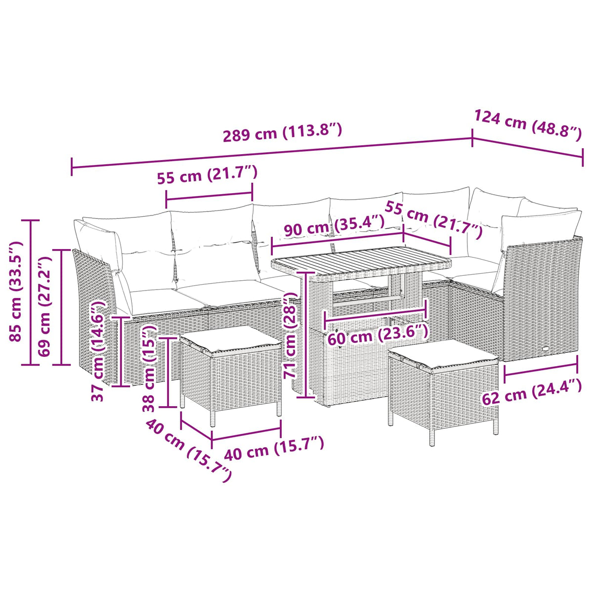 Sjedeća garnitura za vrt s jastukom 9 pcs Crna 90 x 55 x 71 cm