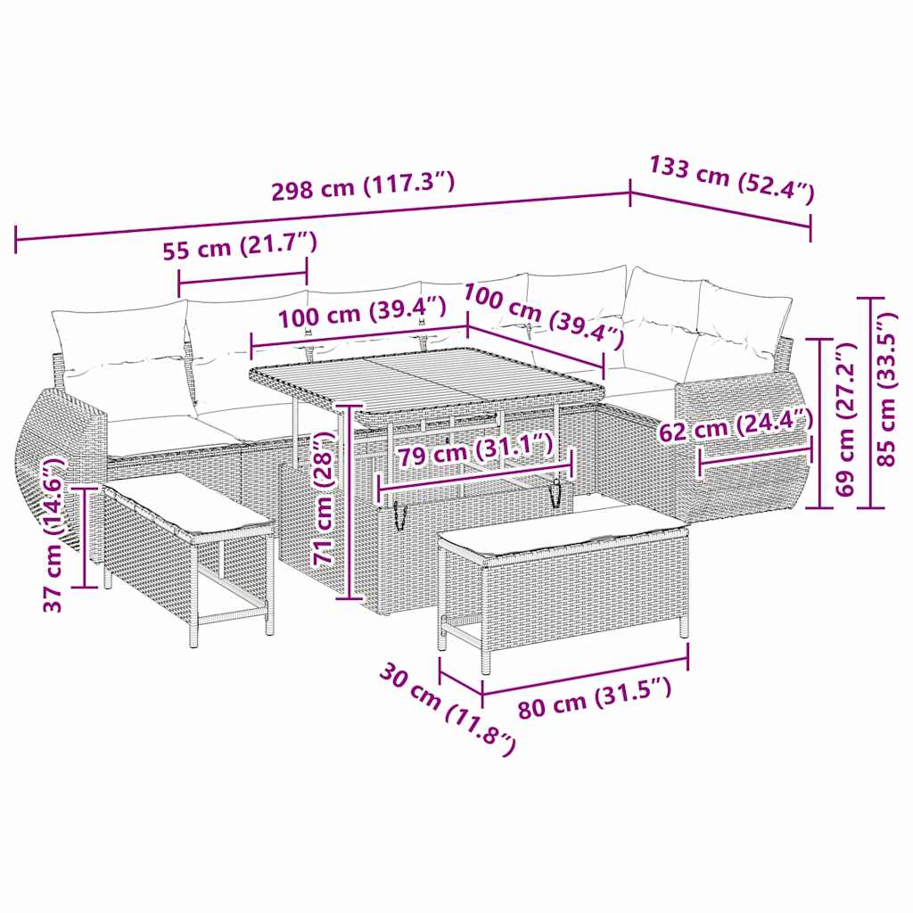 Sjedeća garnitura za vrt 9 pcs Crna i Krema Poli Ratan
