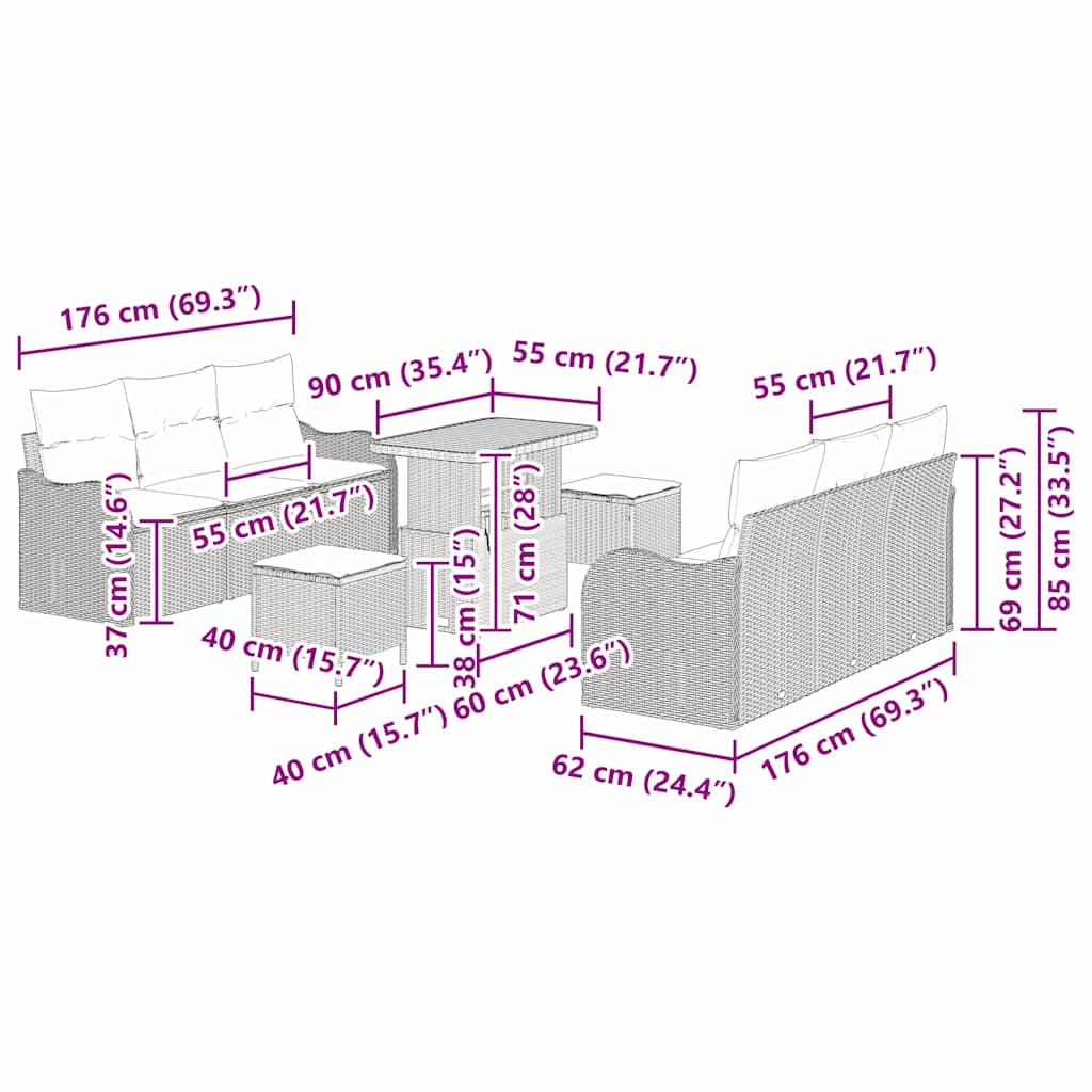 Sjedeća garnitura za vrt 9 kom. 8-Broj sjedala