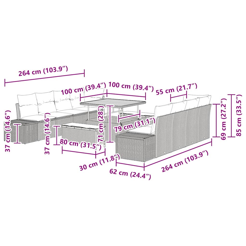 Sjedeća garnitura za vrt Crna 264 x 62 x 85 cm Poli ratan