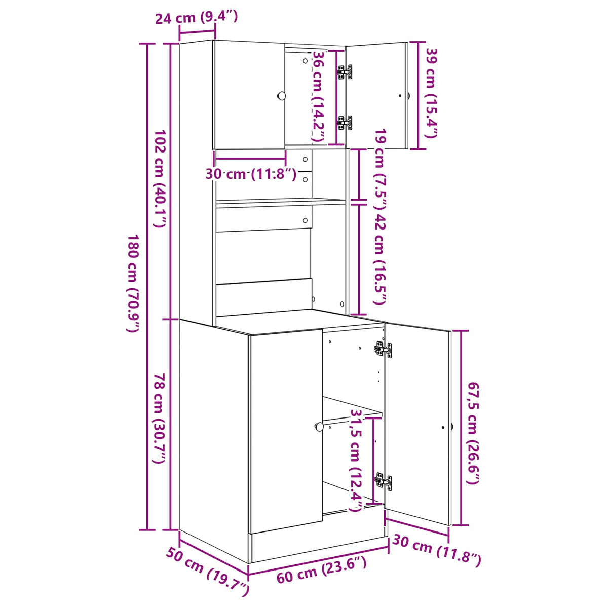 Kuhinjski bufet 2 pcs Umjetnički hrast 60 x 50 x 180 cm