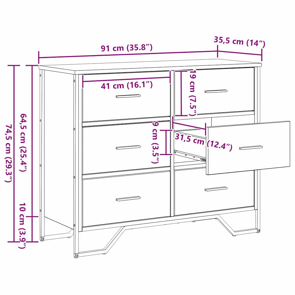 Komoda s ladicama 2 pcs Umjetnički hrast 91 x 35,5 x 74,5 cm