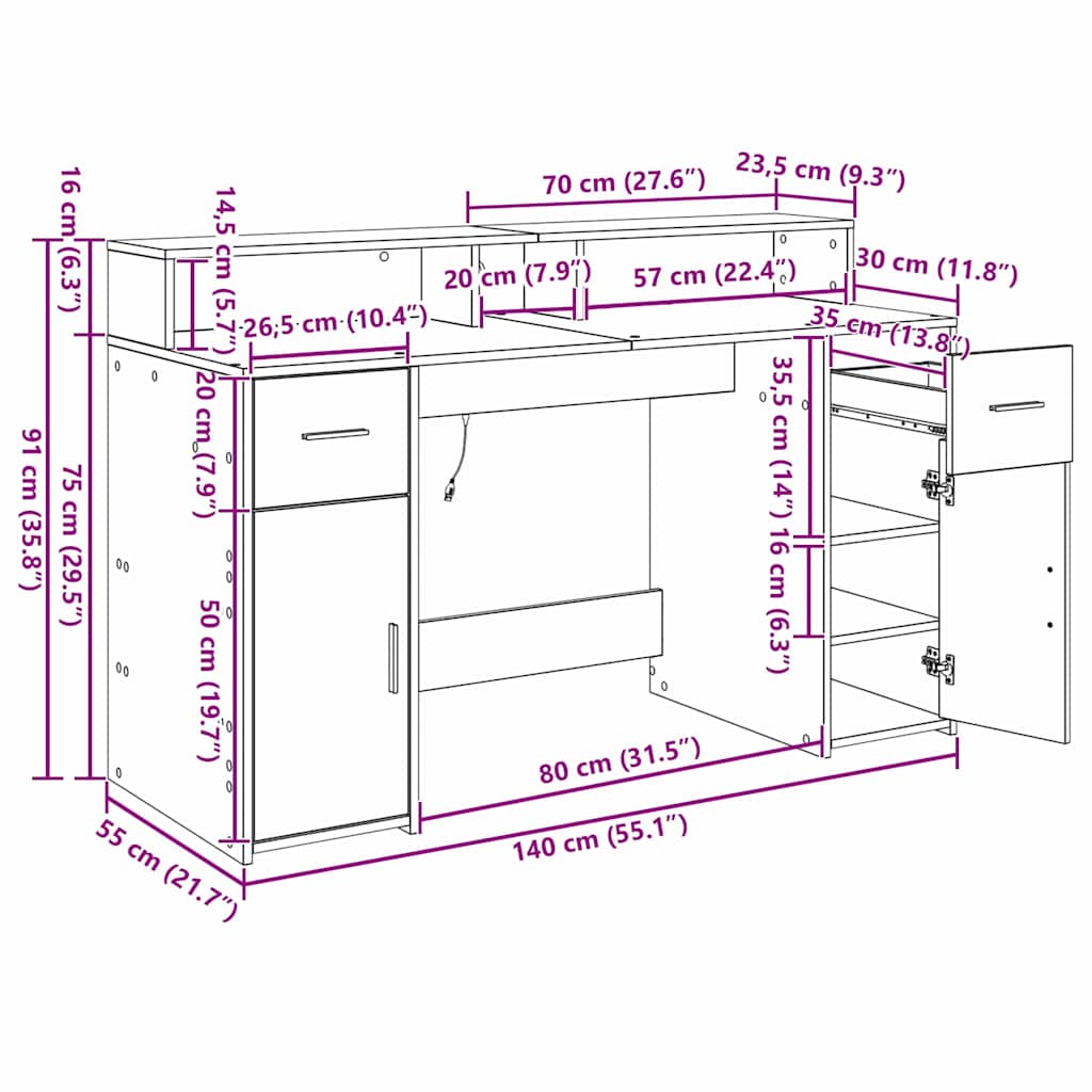 Stol s ladicama Crni hrast 140 x 55 x 91 cm Konstruirano drvo