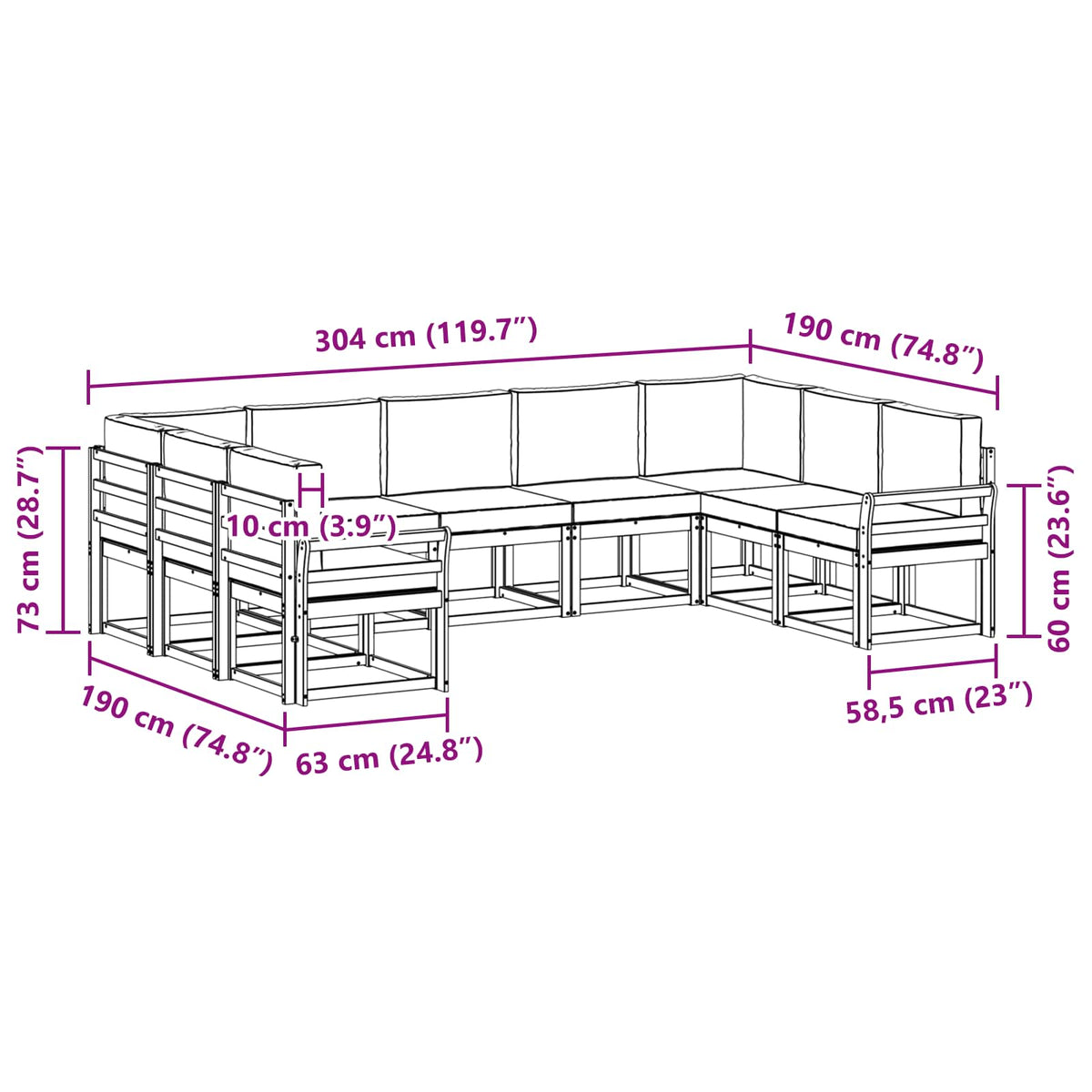 Set vanjskih sofa 9 kom. Prirodna i krem Smeđa 304 x 190,5 x 73 cm