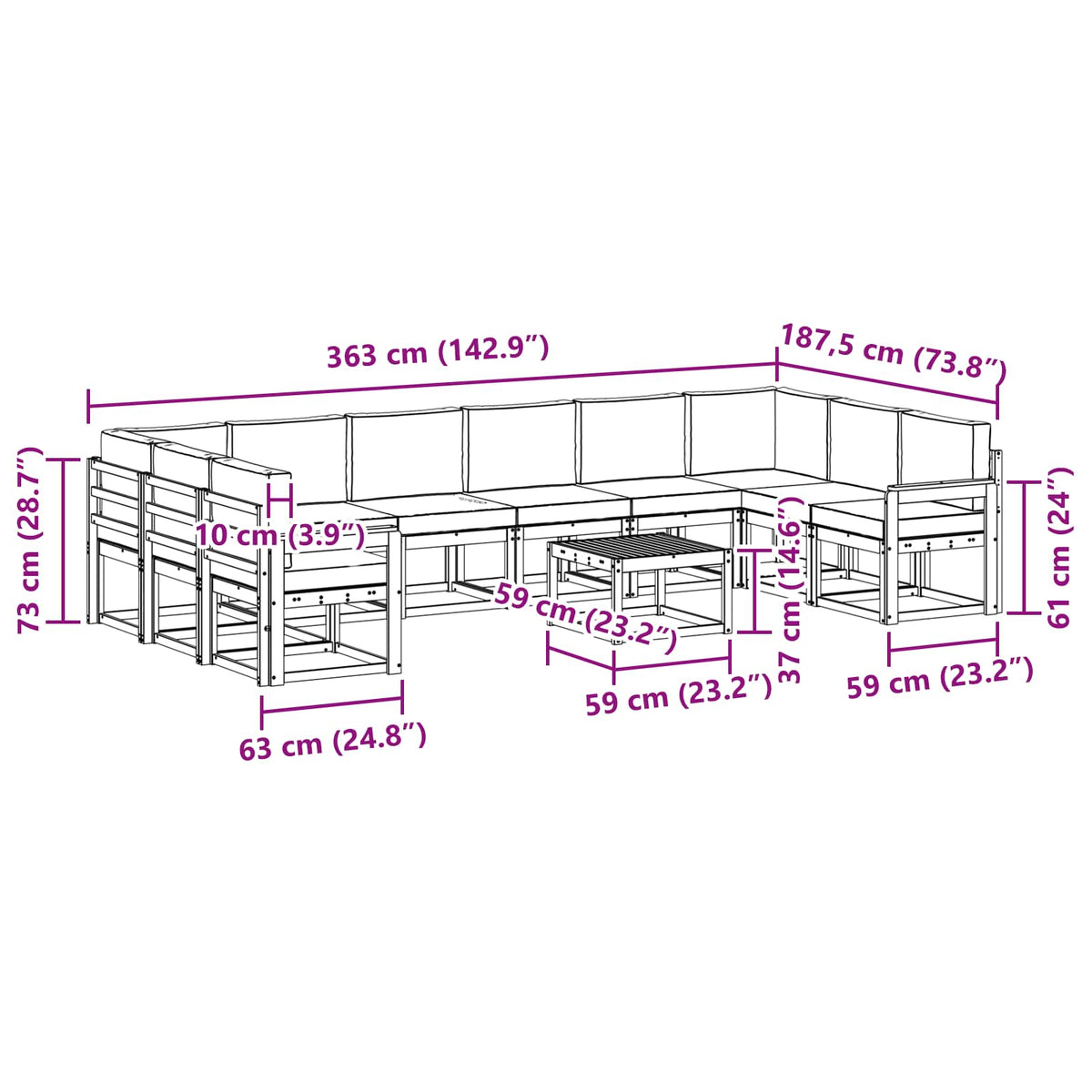Set vanjskih sofa s jastukom 11 pcs Prirodna i svijetlo siva