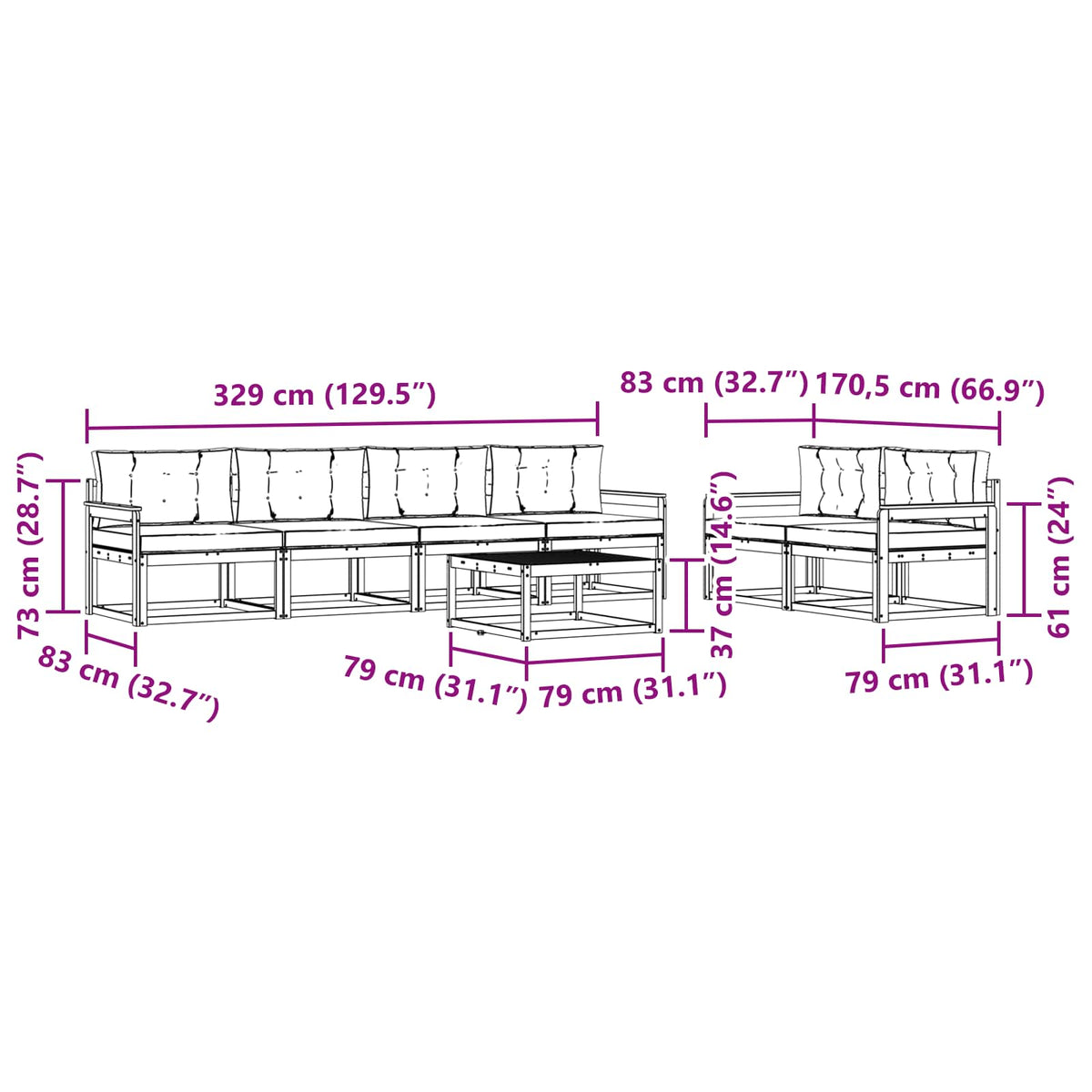 Set vanjskih sofa 7 pcs Prirodna i svijetlo siva
