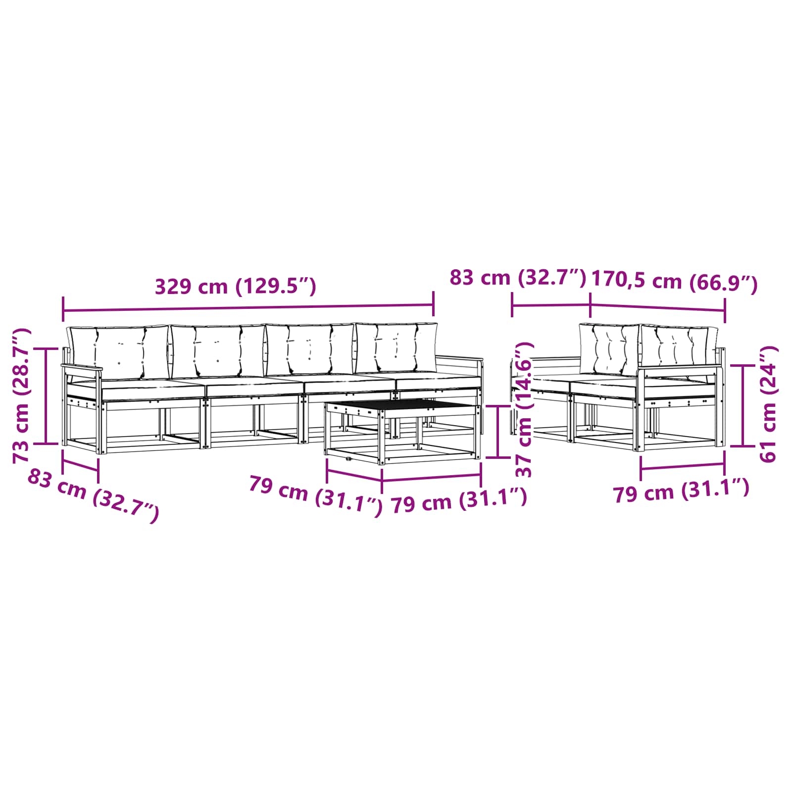 Set vanjskih sofa 7 pcs Prirodna i svijetlo siva