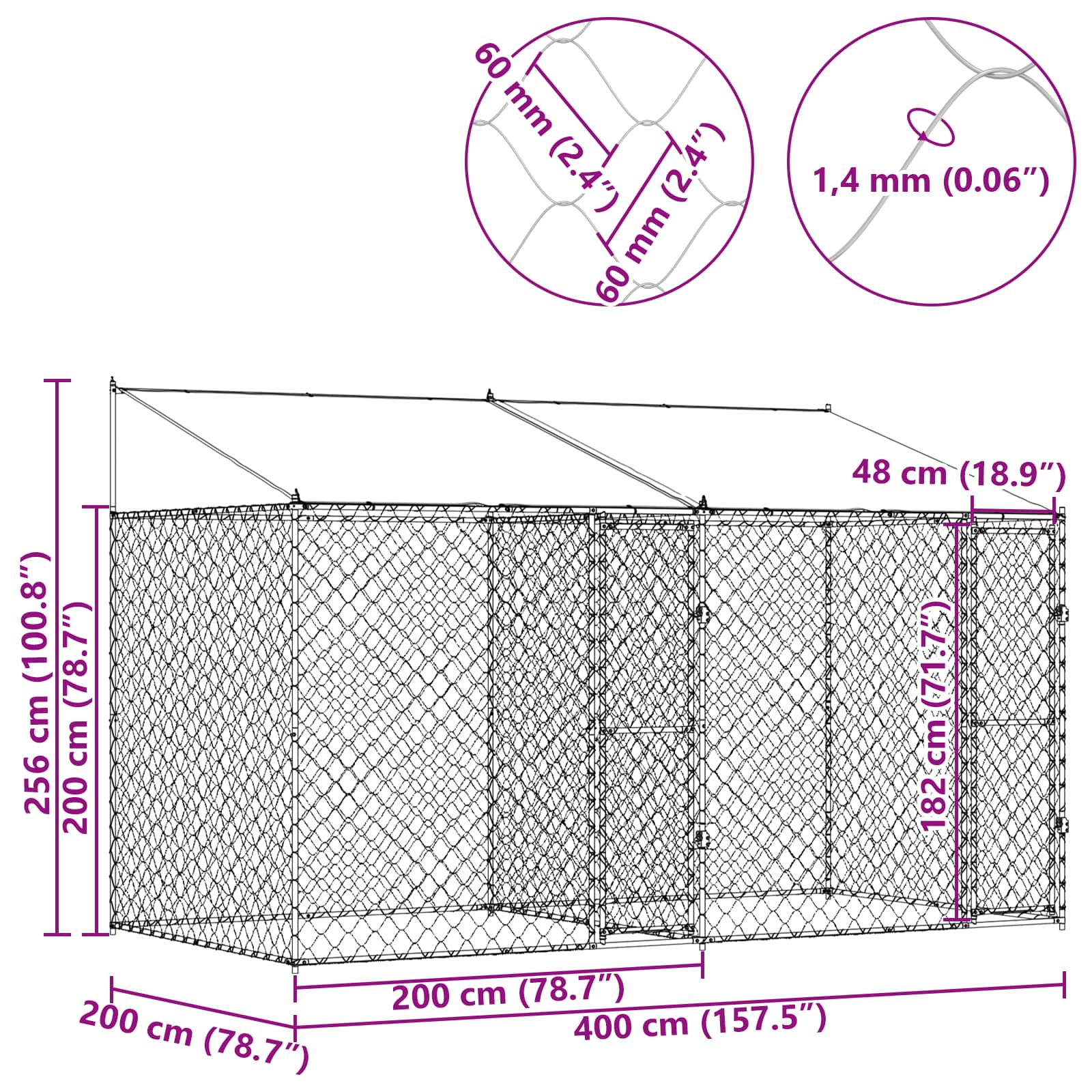 Kavez za psa s krovom Srebrno 400 x 200 x 256 cm Čelik i PE