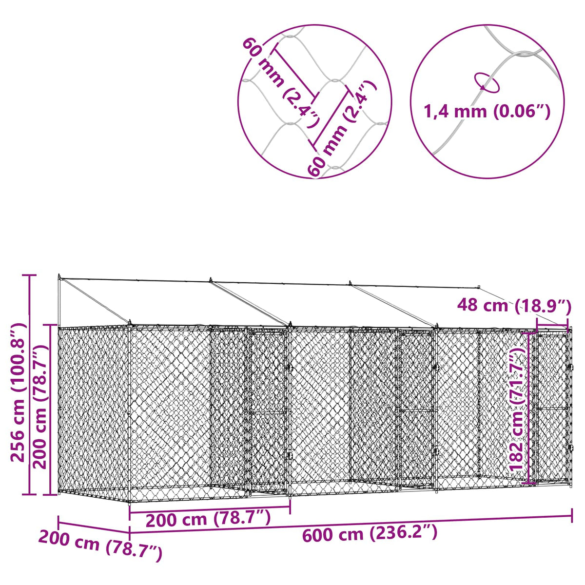 Kavez za psa s krovom Srebrno 600 x 200 x 256 cm Čelik i PE