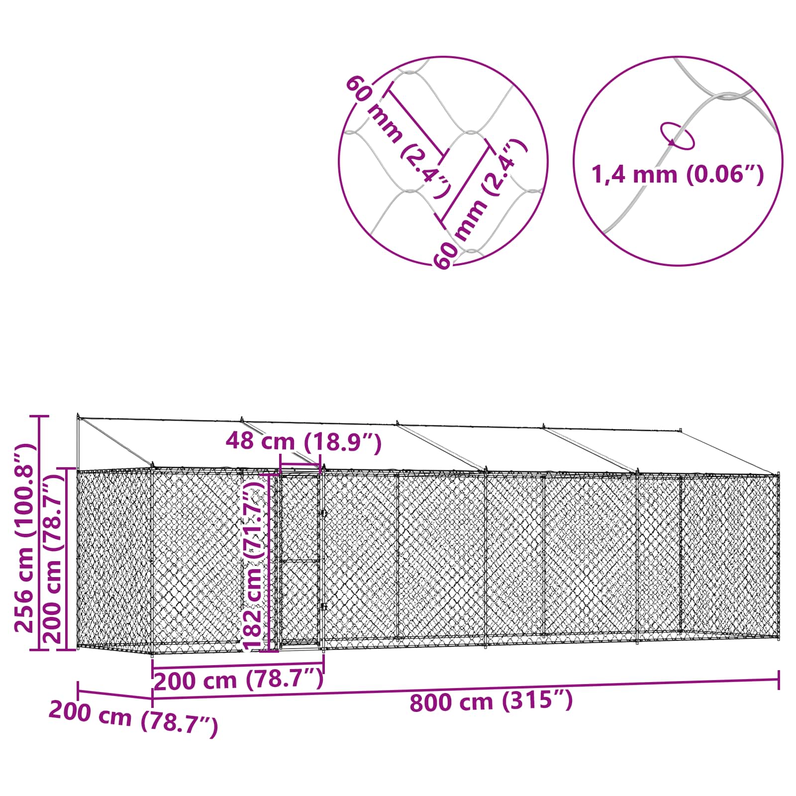 Kavez za psa s krovom Srebrno 800 x 200 x 256 cm Čelik i PE