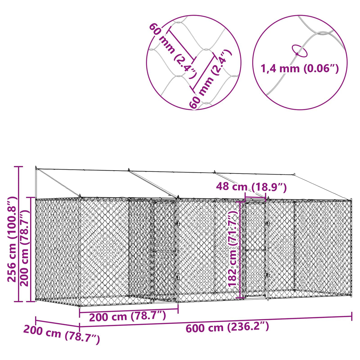 Kavez za psa s krovom Srebrno 600 x 200 x 256 cm Čelik i PE