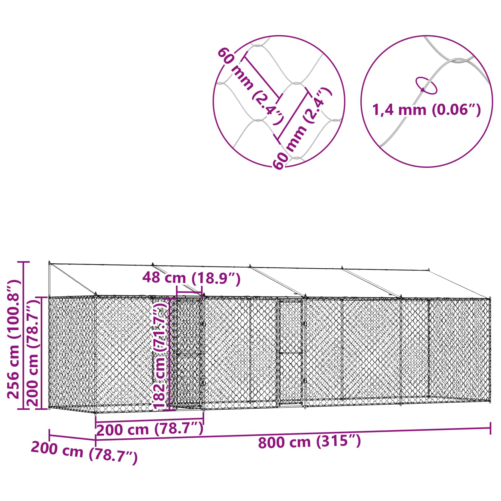 Kavez za psa s krovom Srebrno 800 x 200 x 256 cm Čelik i PE