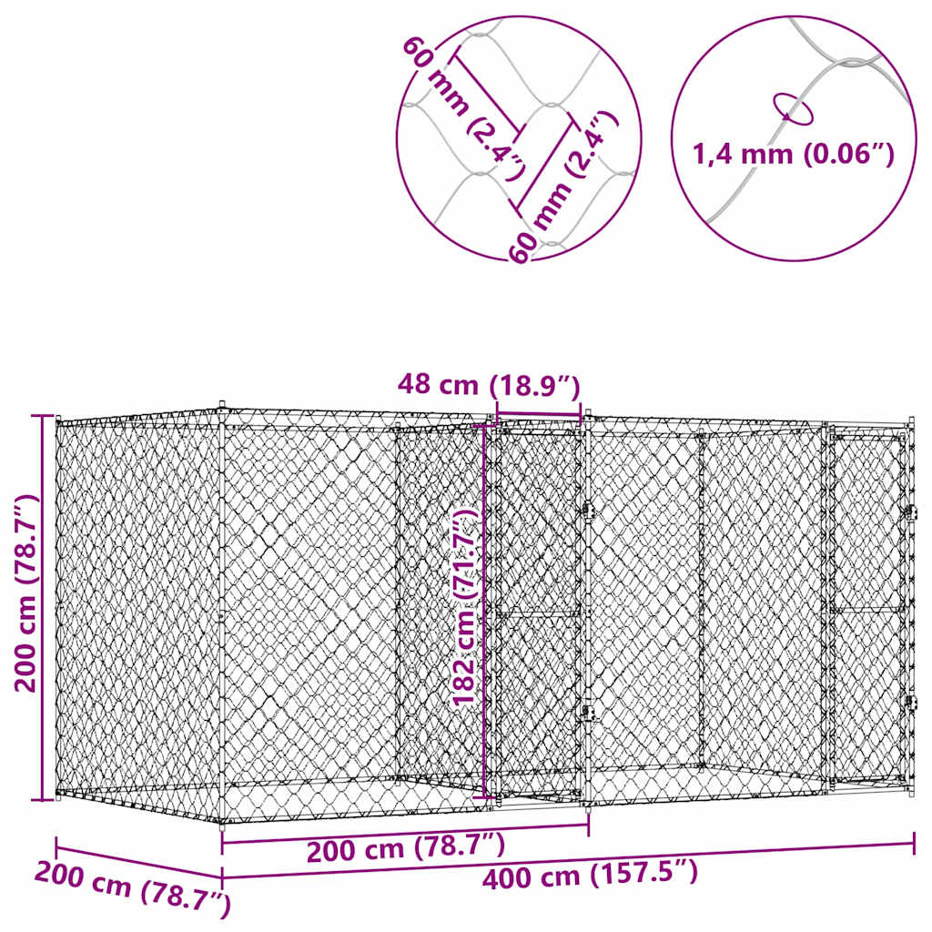 Kavez za pse Srebrno 400 x 200 x 200 cm Cinkani čelik