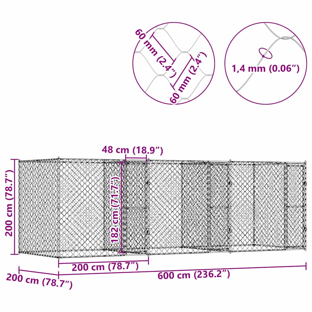 Kavez za pse Srebrno 600 x 200 x 200 cm Cinkani čelik