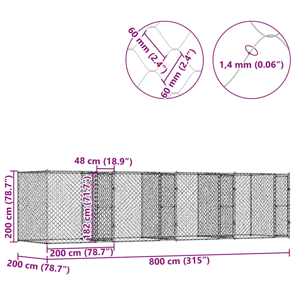 Kavez za pse Srebrno 800 x 200 x 200 cm Cinkani čelik